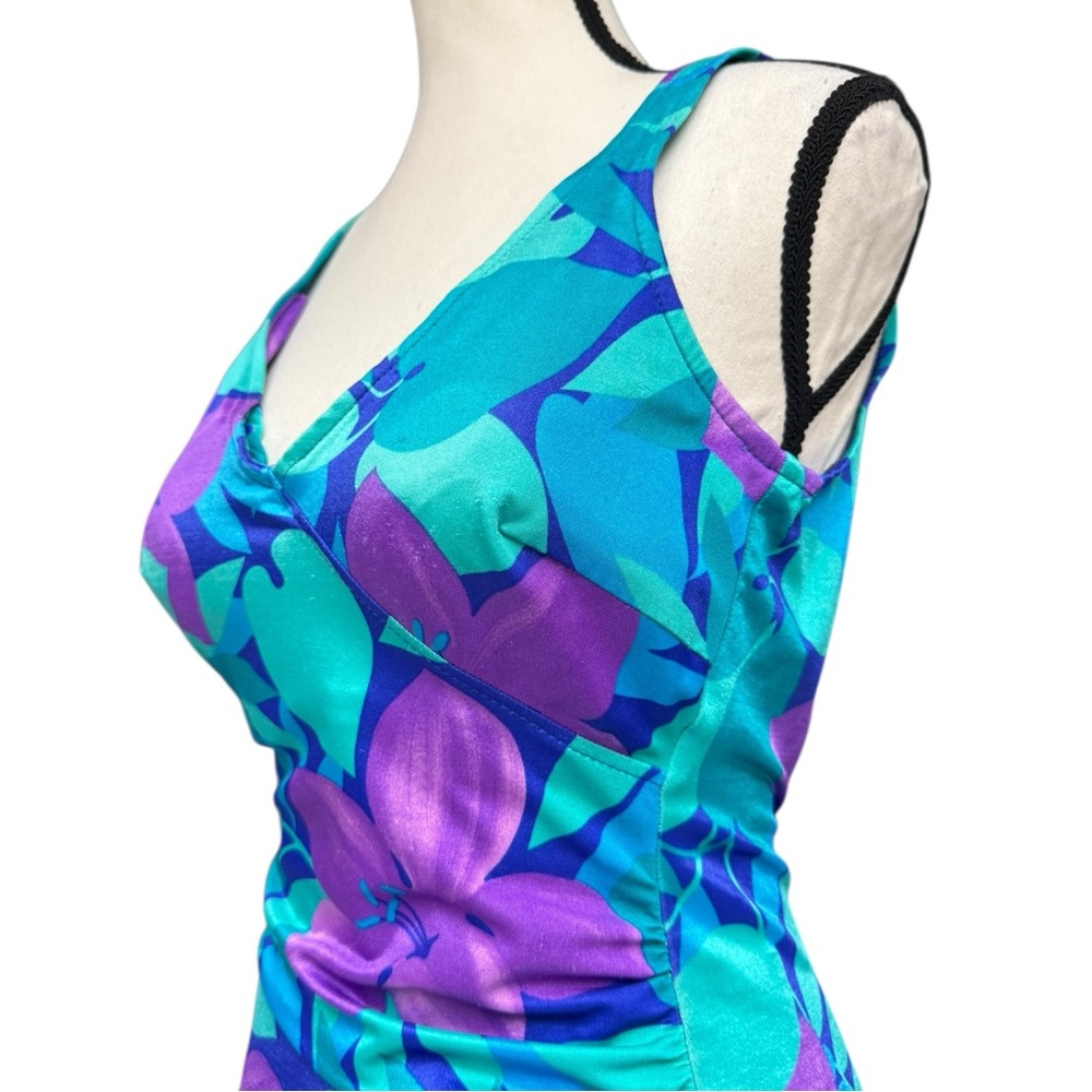 Vintage 70s Maxine of Hollywood Blue Purple Floral One-Piece Swimsuit size 14 - Picture 7 of 16